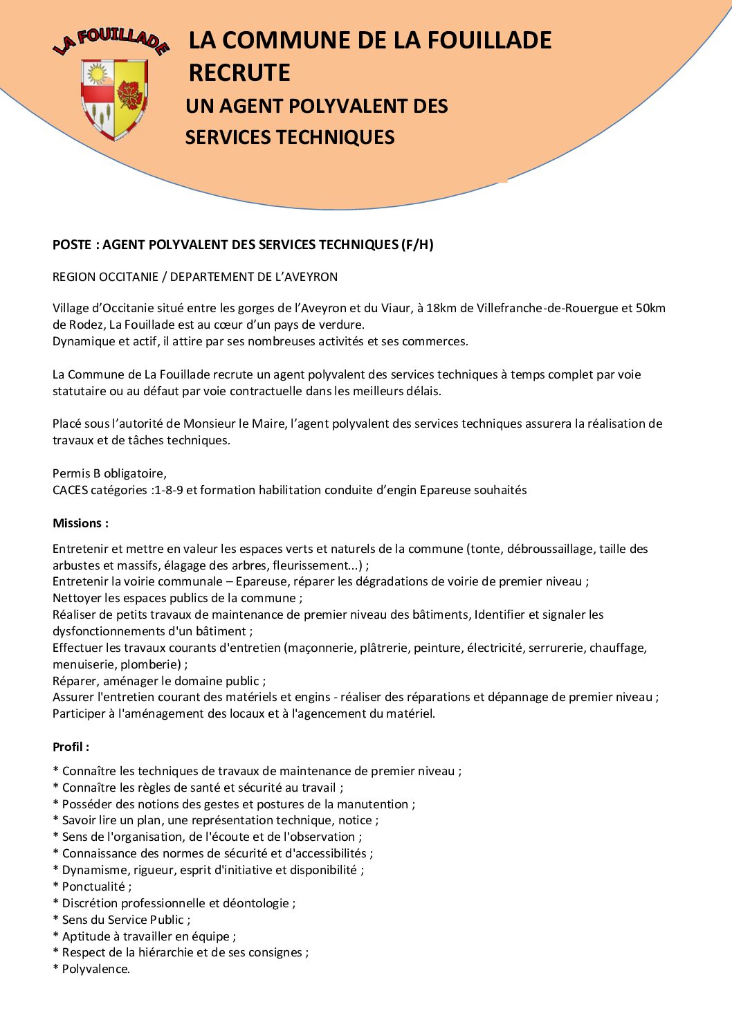 Recrutement Agent Polyvalent des Services Techniques (F/H)